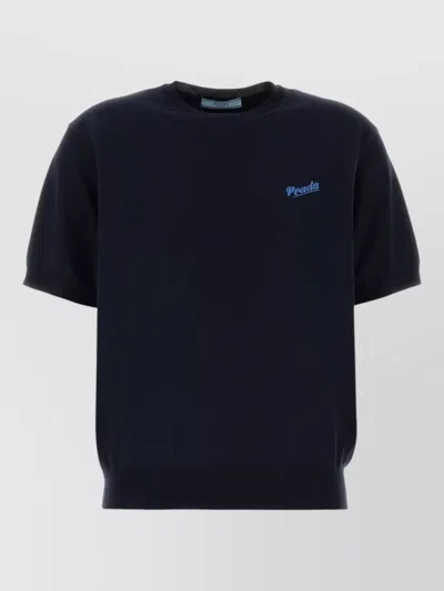 Prada Knit T Shirt Short Sleeves Ribbed Hem In Blue