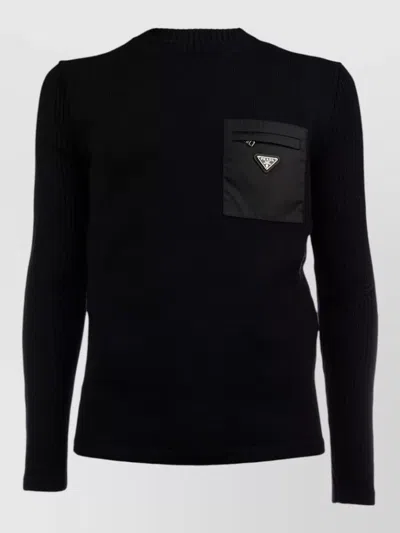 PRADA KNIT TOP LONG SLEEVES CHEST POCKET RIBBED