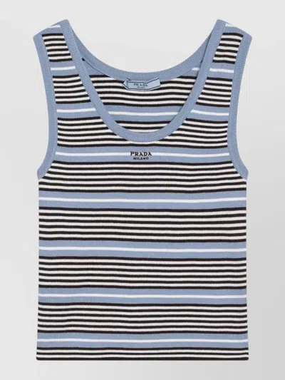 Prada Knit Top Scoop Neck Striped Ribbed In Blue