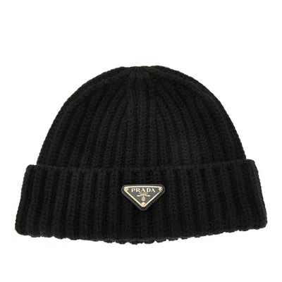 Prada Knitted Beanie With Triangle Logo In Black