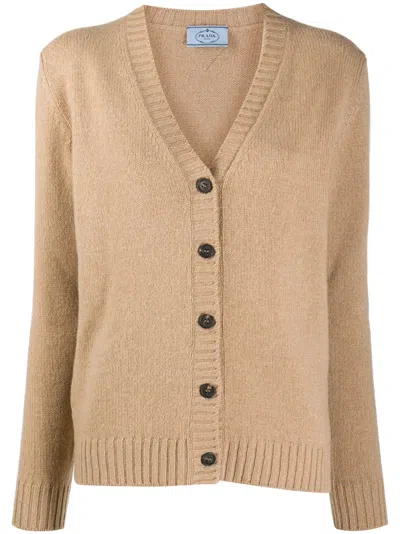 Prada Knitted Cardigan In Brown