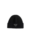 Prada Wool And Re-nylon Hat With Triangle Logo In Black