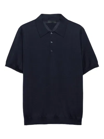Prada Short Sleeve Polo Collar Ribbed Cuffs Sweater In Blue