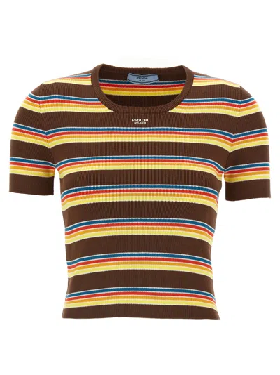 Prada Knitted T-shirt Sweaters And Cardigans Brown In Multi