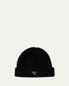 Prada Triangle-logo Ribbed Beanie In F0040 Cammello