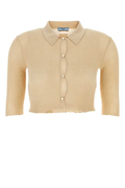 Prada Cotton Collared Cropped Ribbed Knitwear In Beige