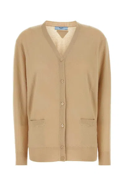 Prada V-neck Cashmere Cardigan Front Pockets In Beige