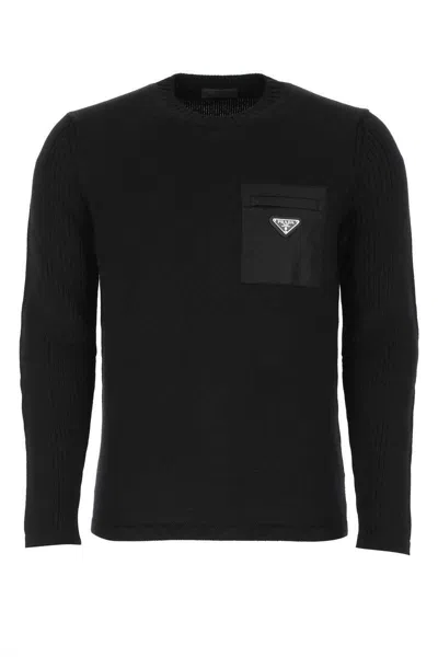 Prada Wool Crew Neck Sweater With Ribbed Cuffs And Hem In Black