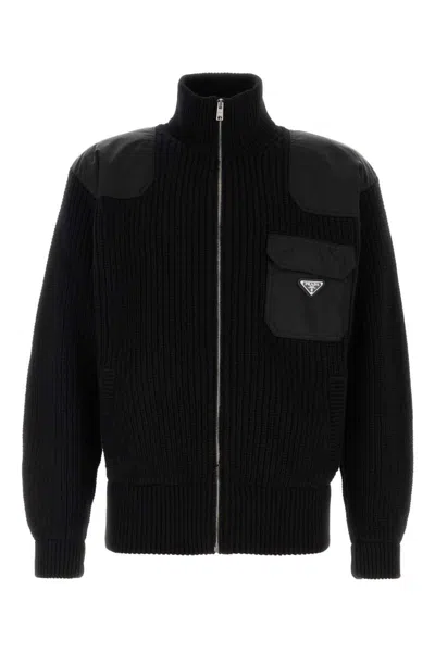 Prada Leather Trimmed Wool Cashmere Cardigan In Black