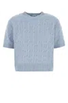 Prada Cable Knit Crew Neck Short Sleeve Sweater In Blue