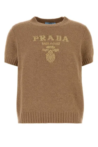 Prada Short Sleeve Crew Neck Ribbed Hem Sweater In Multi