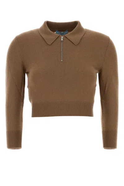 Prada Cashmere Sweater Cropped Length Collared Design In Brown