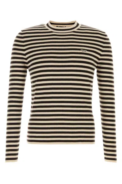 Prada Striped Ribbed Crew Neck Wool Knit In Black