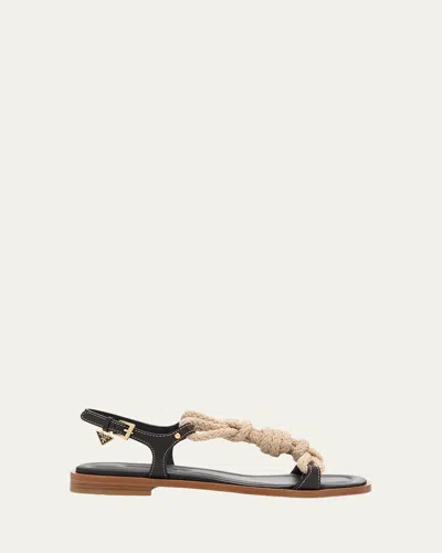 Prada Knotted Natural Rope Caged Leather Sandals In Black