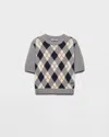 Prada Kurzarm-kaschmirstrickpullover Mit Argyle-muster In Gray
