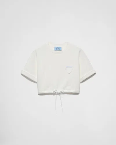 Prada Cropped Cotton Fleece T-shirt In White
