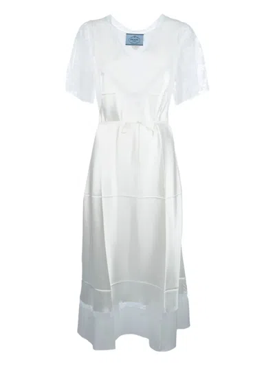 Prada Lace-panels Midi Dress In Weiss
