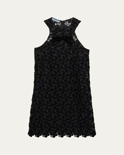 Prada Lace Scallop Mini Dress In Nero