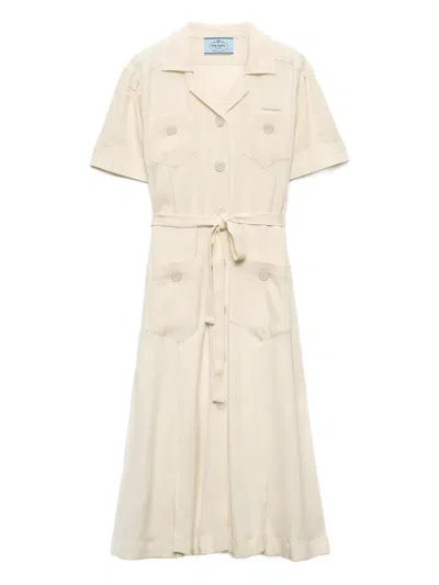 Prada Short-sleeve Belted Midi Shirtdress In Neutral