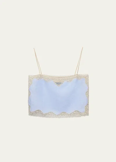 Prada Lace-trimmed Linen Top In Blue