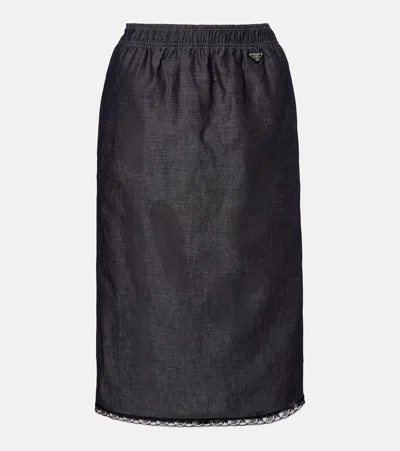 Prada Lace-trimmed Cotton And Linen Midi Skirt In Blue