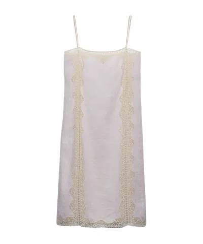 PRADA EMBROIDERED, LACE-TRIMMED LINEN DRESS