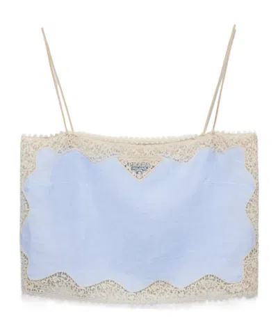 Prada Lace-trimmed Linen Top In Blue