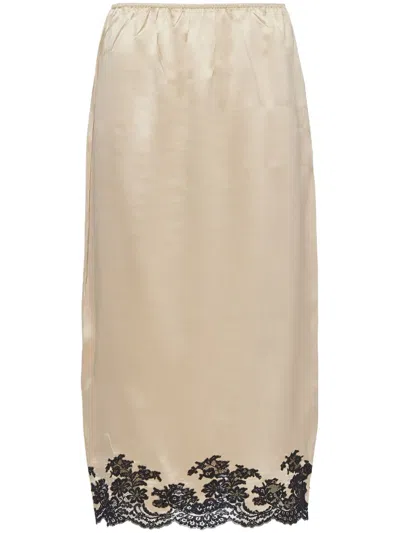 Prada Women's Satin Crepe And Lace Midi-skirt In Beige Khaki