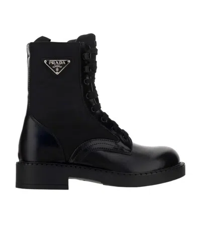 Prada Lace-up Leather Combat Boots In Black