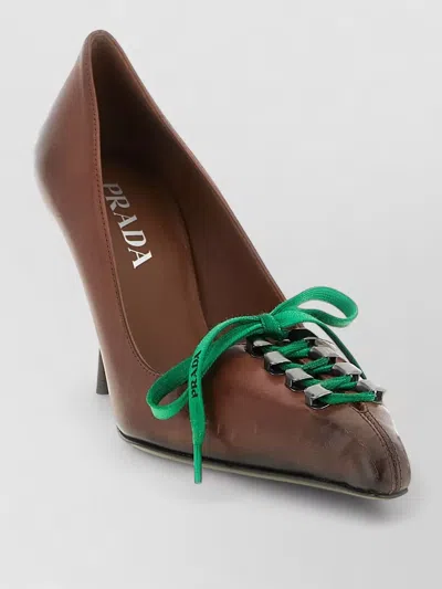 Prada Lace Up Parade Toe Stiletto Pumps In Brown