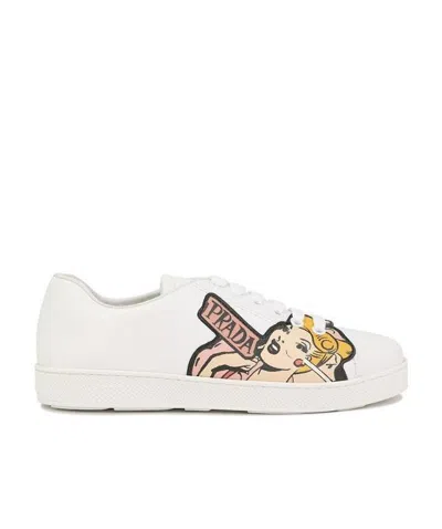 Prada Lace Up Printed Leisure Sports Shoes In White