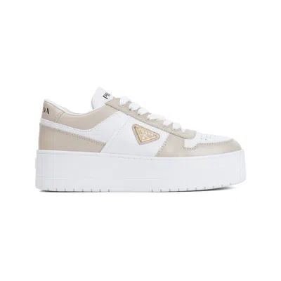 Prada Downtown Nappa Leather Flatform Sneaker With Enameled Triangle Logo In White