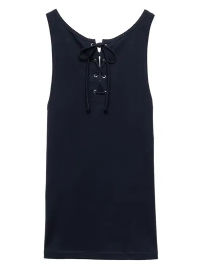 Prada Cotton Tank Top With Laces In Navy