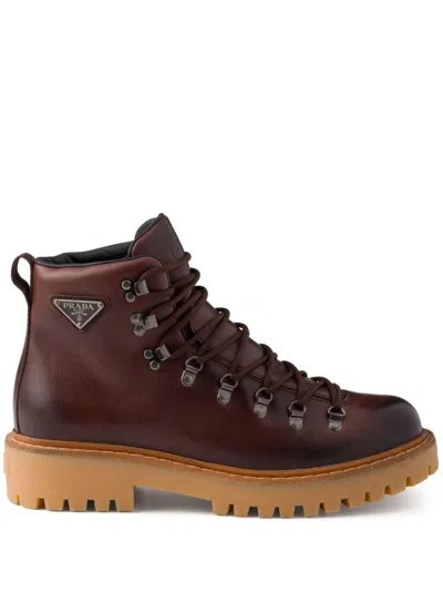 Prada Laced Leather Boots In Brown