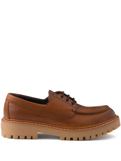 Prada Laced Leather Loafers In Brown