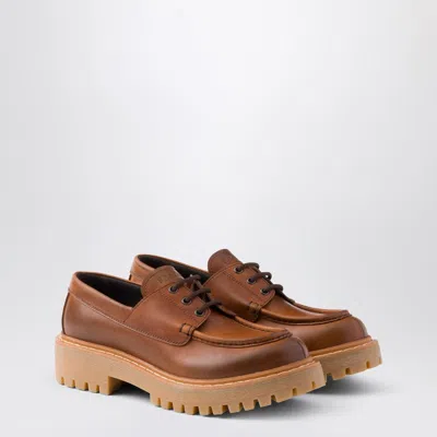 Prada Laced Moccasins In Cognac Leather Women In Brown