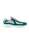 Prada Men's Patent Leather And Technical Fabric America's Cup Sneakers In Lagoon Blue/silver