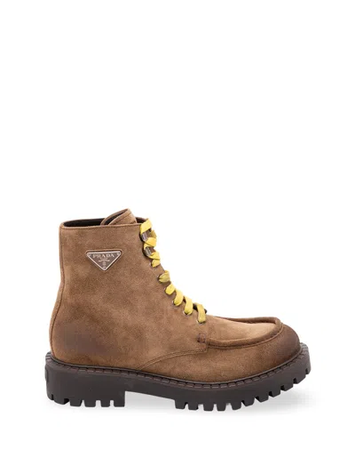 Prada Laced Suede Boots In Brown