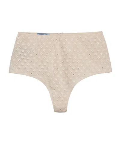 Prada Lace-trimmed Briefs With Rhinestones In Neutral