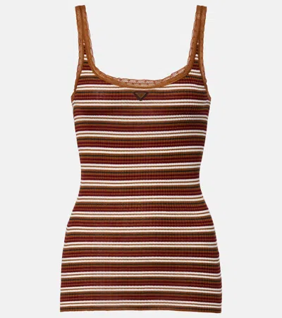 Prada Lace-trimmed Striped Cotton Tank Top In Multi