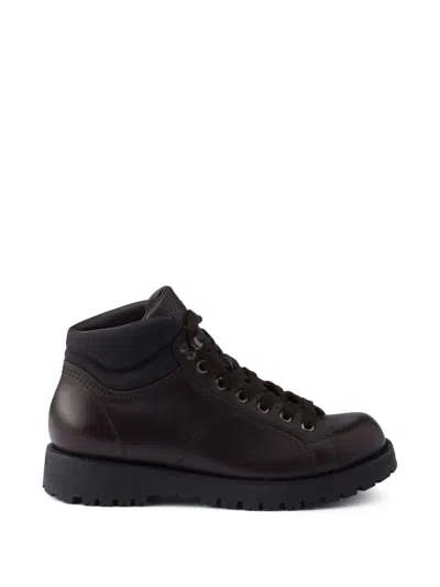 Prada Lace-up Leather And Re-nylon Booties In Brown