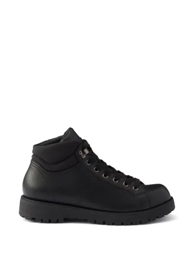 Prada Lace-up Leather And Re-nylon Booties In Brown
