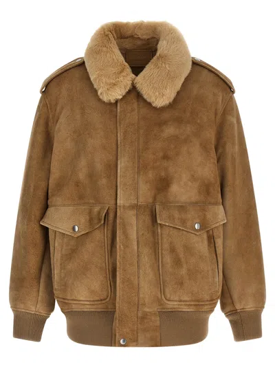 Prada Lamb Leather Shearling-collar Bomber Jacket In Brown