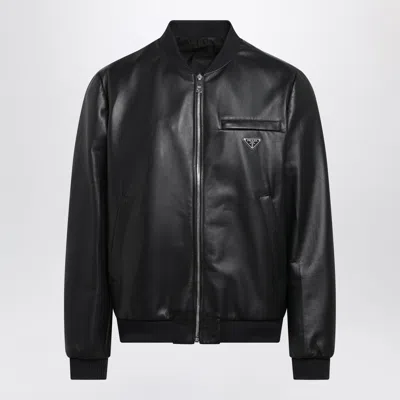 Prada Lambskin Leather Zip-up Bomber Jacket In Black