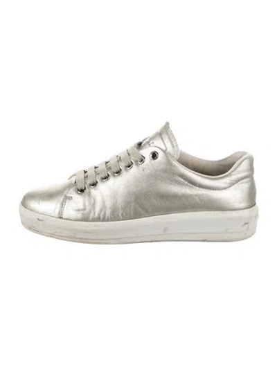 Pre-owned Prada Lambskin Sneakers In Metallic/silver