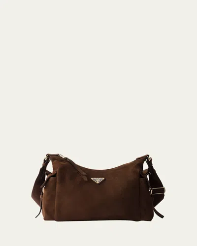 Prada Lambskin Suede Shoulder Bag In Brown