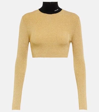 Prada Lamé Cropped Turtleneck Sweater In Oro