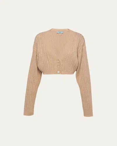 Prada Wool And Cashmere Cardigan With Rhinestones In Brown