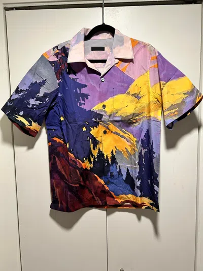 Pre-owned Prada Landscape Mountain Popline Collar Camp Bowling Abstract In Multicolor