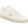 Prada Streamlined Leather Low-top Sneakers With Metallic Accent In Avorio